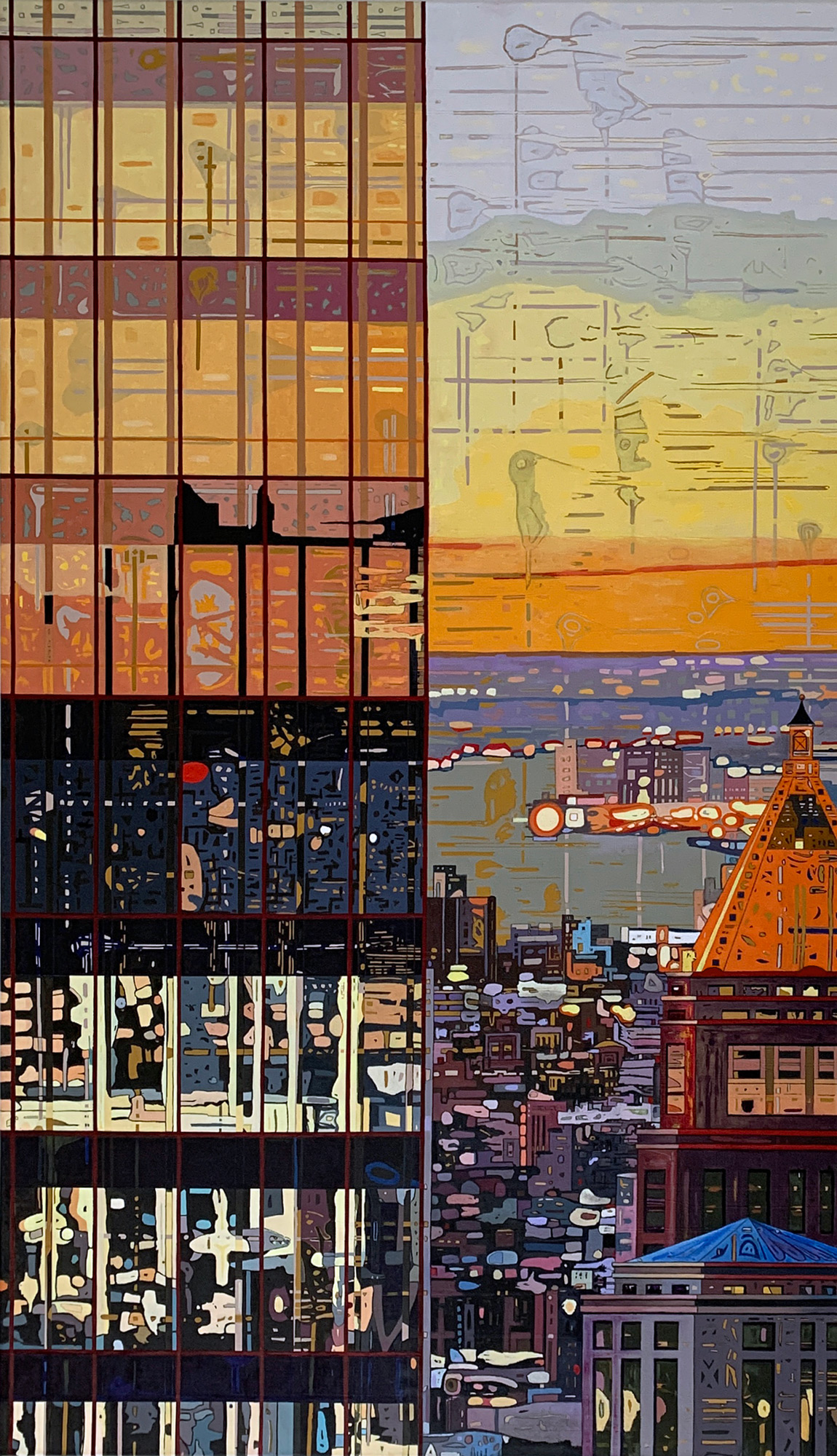 Das gemalte Bild zeigt den Ausschnitt eines nahen Hochhauses aus Glas und Stahl. Die rechte Hälfte zeigt eine entfernte Hochhausansammlung. Es ist Sonnenuntergang.