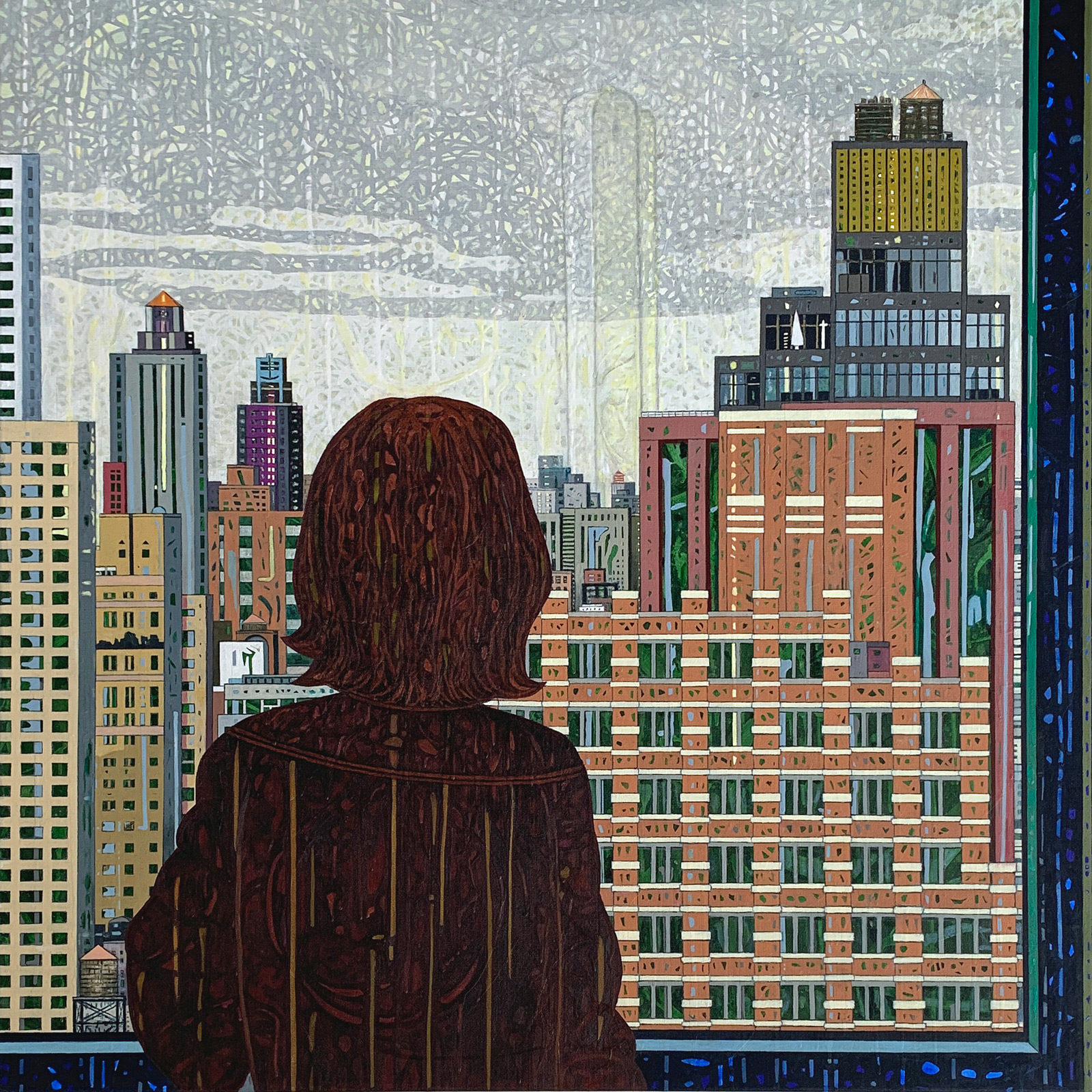Das gemalte Bild zeigt die Oberkörper-Silhouette einer Frau in Rückenansicht. Sie schaut durch ein Fenster auf eine Hochhauskulisse. Der Himmel ist bewölkt.
