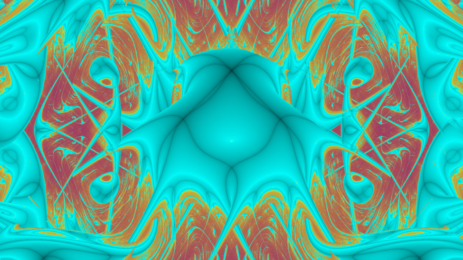 Eine zentrale, krakenähnliche Figur ist umgeben von achsensymmetrischen Formen und Strukturen. Dieser türkise Vordergrund hebt sich vom Hintergrund in orange und violett ab.